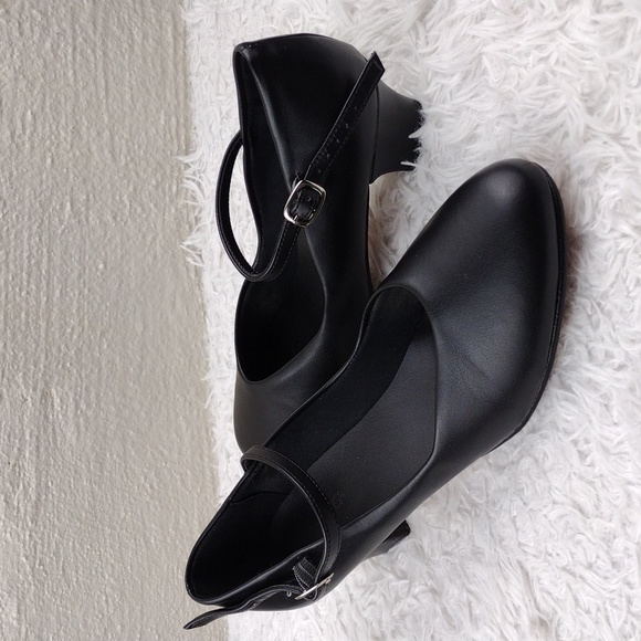 Tenca Shoes - WOMEN'S Black Leather Round Toe Slip-On Buckled Ankle Strap Low Heel Pump Shoe